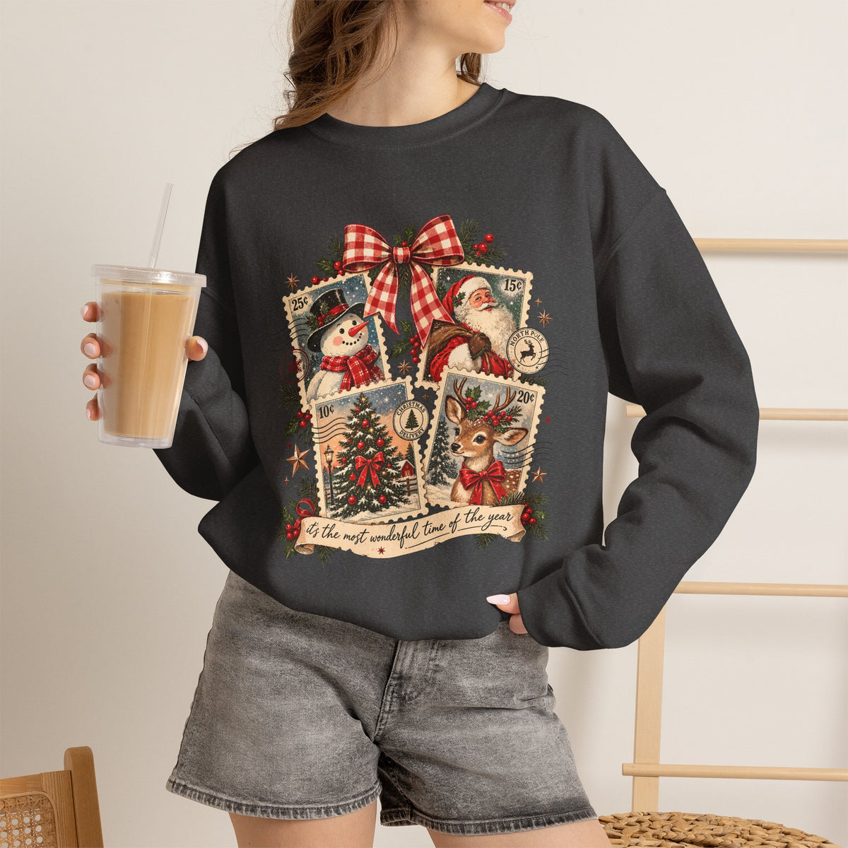 Christmas Vintage Crewneck Sweatshirt — Retro Santa & Snowman Holiday Design