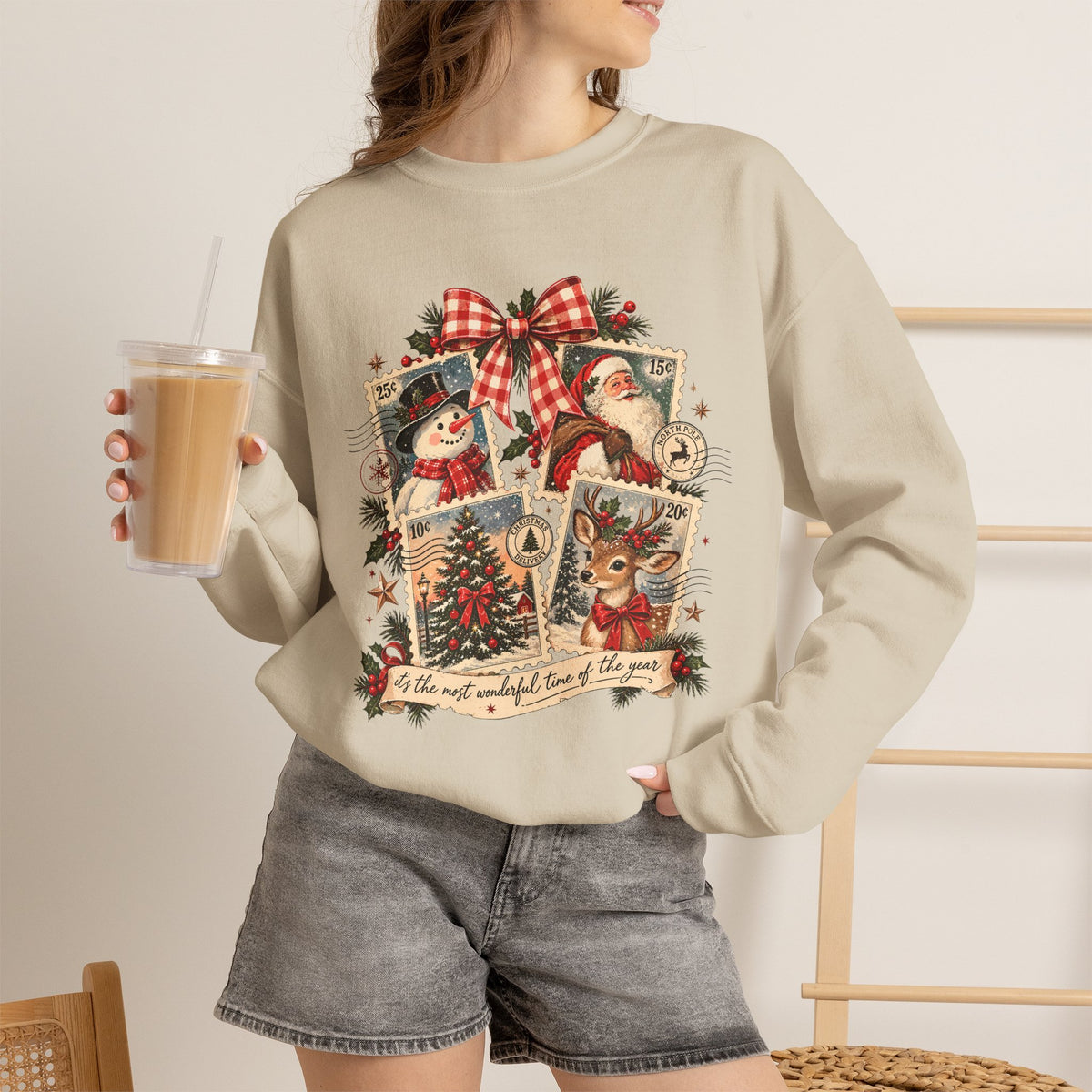 Christmas Vintage Crewneck Sweatshirt — Retro Santa & Snowman Holiday Design