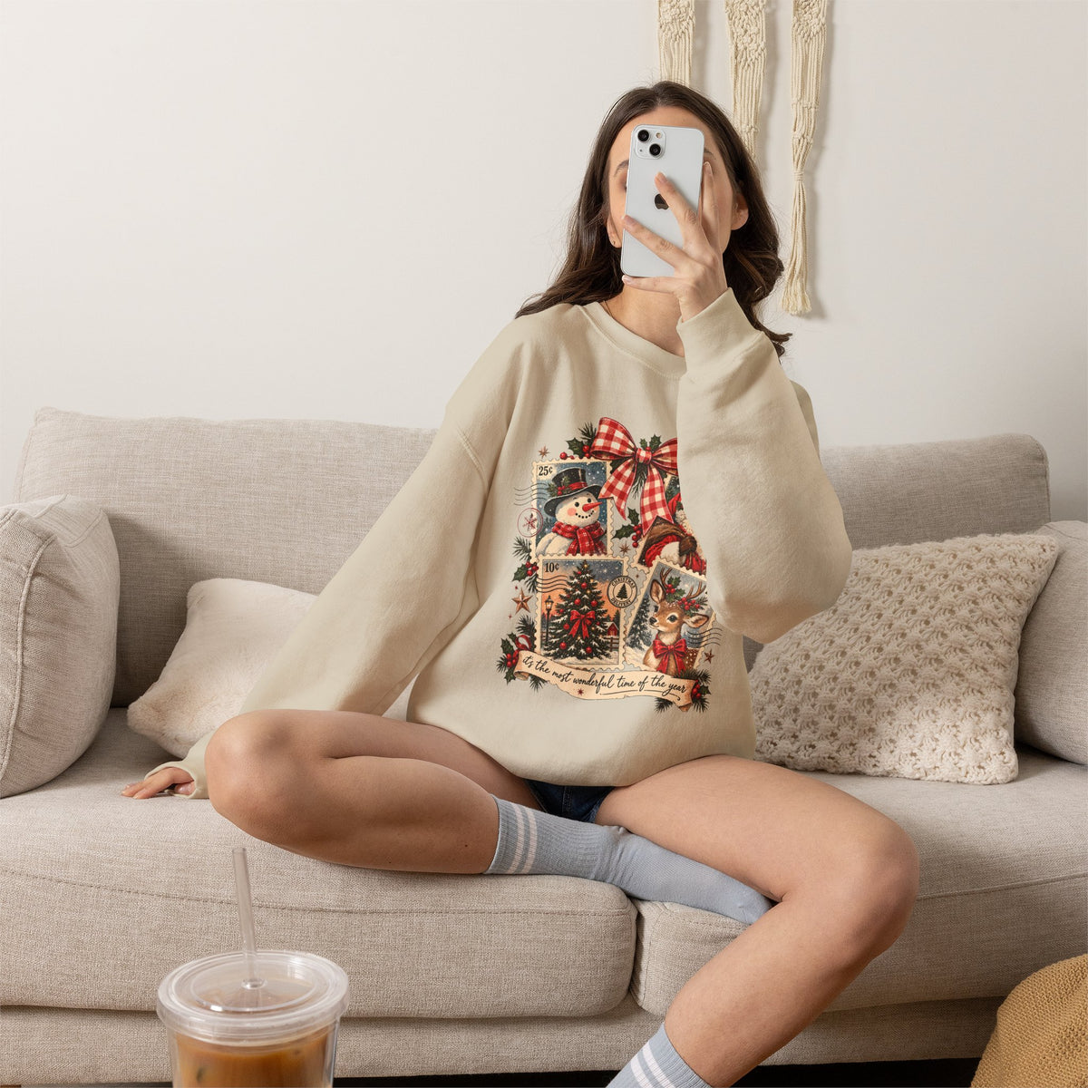 Christmas Vintage Crewneck Sweatshirt — Retro Santa & Snowman Holiday Design