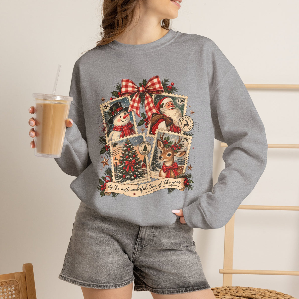 Christmas Vintage Crewneck Sweatshirt — Retro Santa & Snowman Holiday Design